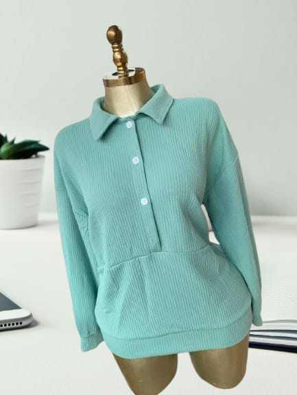 Women Rib Collar Neck Sweatshirt - Image 2