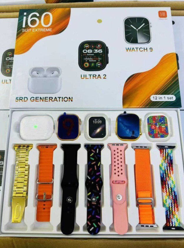 i60 Extreme 12-in-1 Smartwatch, AirPods Combo Set – Multi-Strap Edition