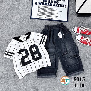Boys’ Sporty Stripes Set – #28 Jersey & Denim Cargo Shorts