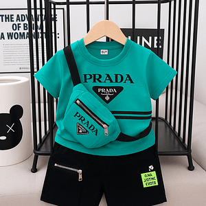 Prada Kids’ Teal Logo T-Shirt & Shorts Set with Matching color
